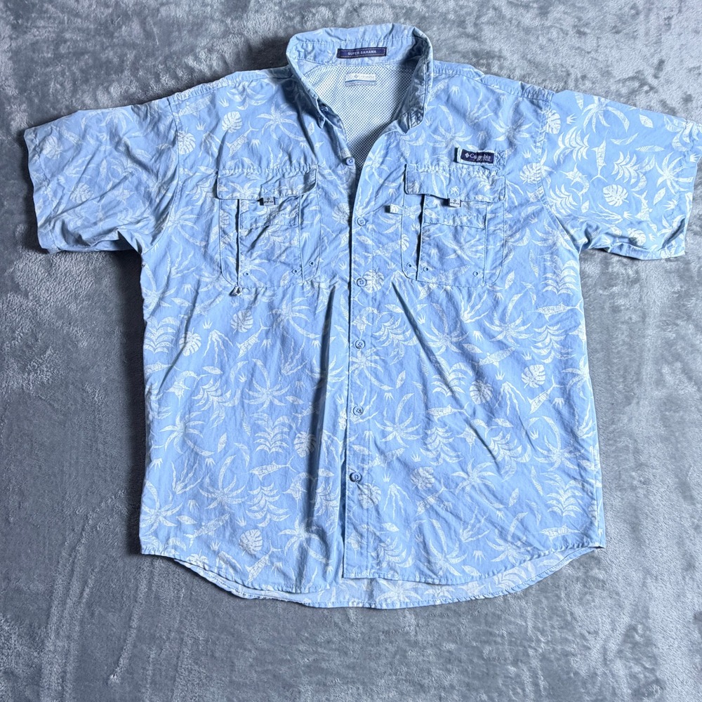Columbia PFG Super Bahama Short Sleeve Fishing Shirt, Large, Blue Tropical Print